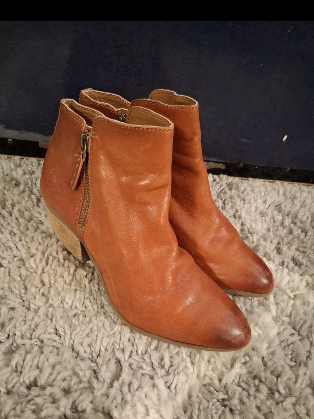 Frye 7 M Judith Double Zip Leather Ankle Boots Heel Booties Cognac Brown Boho